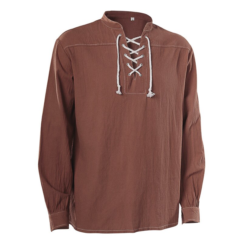 Men's Medieval Renaissance Viking Pirate Costume Long Sleeve Vintage Warrior Shirt Peasant Lace Up Stand Collar Retro T-Shirt