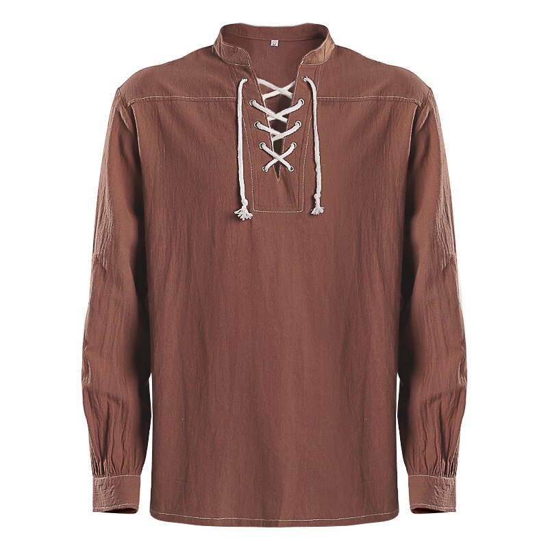 Men's Medieval Renaissance Viking Pirate Costume Long Sleeve Vintage Warrior Shirt Peasant Lace Up Stand Collar Retro T-Shirt