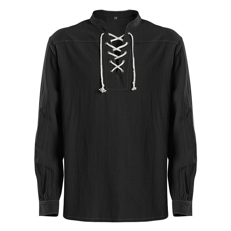 Men's Medieval Renaissance Viking Pirate Costume Long Sleeve Vintage Warrior Shirt Peasant Lace Up Stand Collar Retro T-Shirt