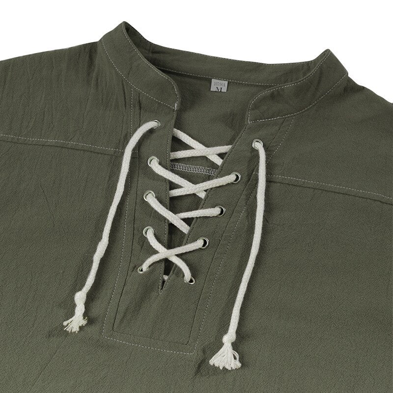 Men's Medieval Renaissance Viking Pirate Costume Long Sleeve Vintage Warrior Shirt Peasant Lace Up Stand Collar Retro T-Shirt