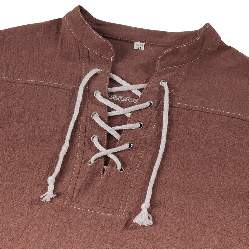 Men's Medieval Renaissance Viking Pirate Costume Long Sleeve Vintage Warrior Shirt Peasant Lace Up Stand Collar Retro T-Shirt