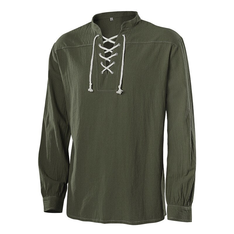 Men's Medieval Renaissance Viking Pirate Costume Long Sleeve Vintage Warrior Shirt Peasant Lace Up Stand Collar Retro T-Shirt