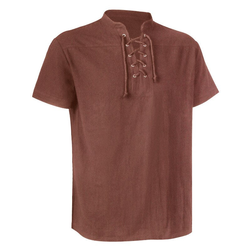 Men's Medieval Renaissance Viking Pirate Costume Long Sleeve Vintage Warrior Shirt Peasant Lace Up Stand Collar Retro T-Shirt