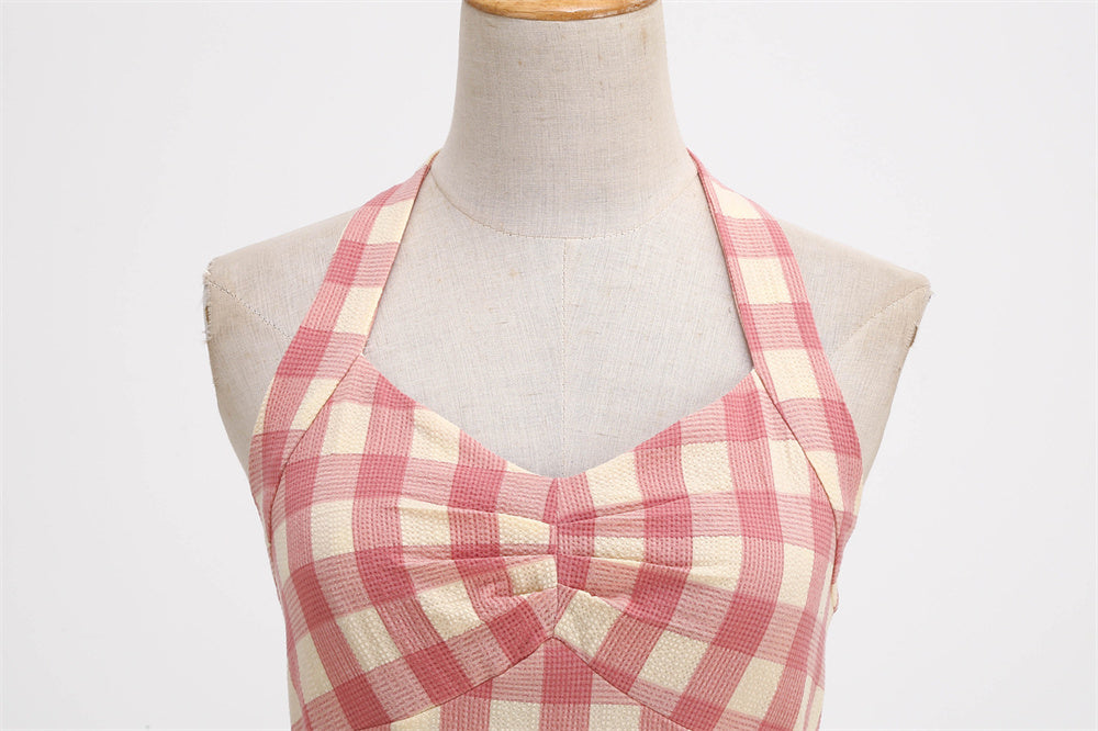 Women Vintage Halterneck Dress Plaid Retro Rockabilly Plaid Cocktail Party 1950s 40S Swing Dress Summer Dress Casual Dress