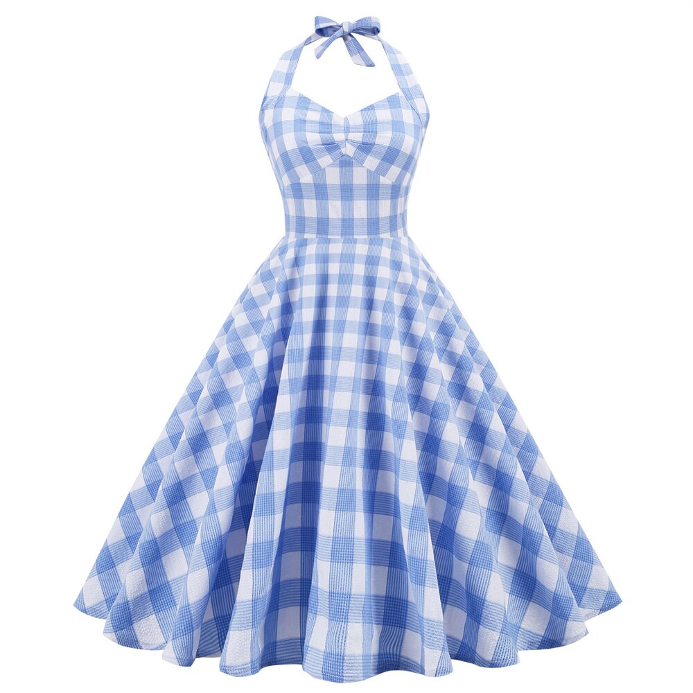 Women Vintage Halterneck Dress Plaid Retro Rockabilly Plaid Cocktail Party 1950s 40S Swing Dress Summer Dress Casual Dress