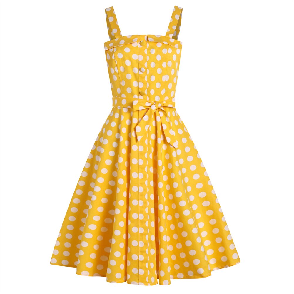 Women Vintage Yellow Polka Dots Dress Retro Rockabilly Strap Suspenders Cocktail Party 1950s 40s Swing Dress Summer Dress