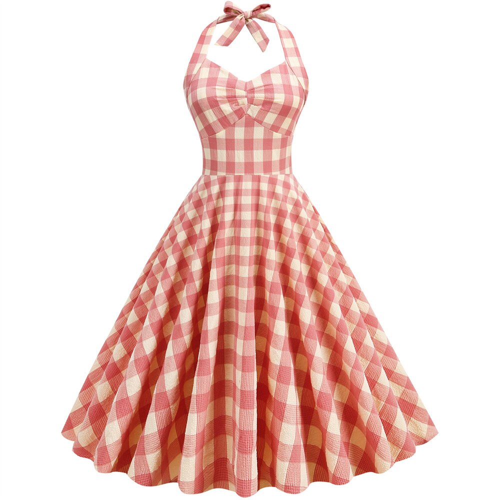 Women Vintage Halterneck Dress Plaid Retro Rockabilly Plaid Cocktail Party 1950s 40S Swing Dress Summer Dress Casual Dress