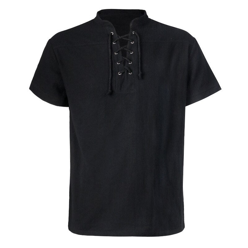 Men's Medieval Renaissance Viking Pirate Costume Long Sleeve Vintage Warrior Shirt  Peasant Lace Up Stand Collar Retro T-Shirt