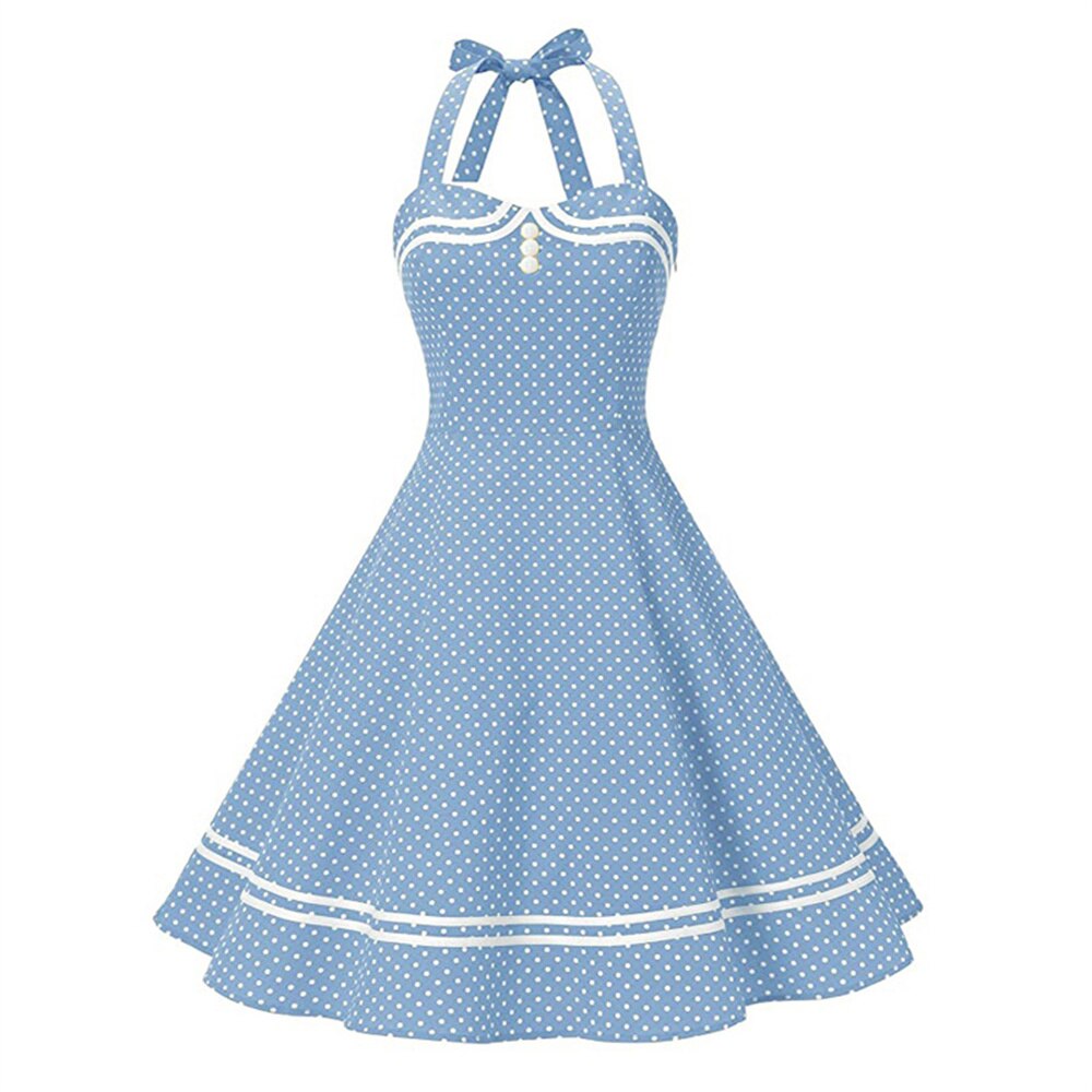 Women Vintage Halterneck Dress Retro Rockabilly Polka Dot Cocktail Party 1950s 40S Swing Dress Summer Dress Casual Beach Dress