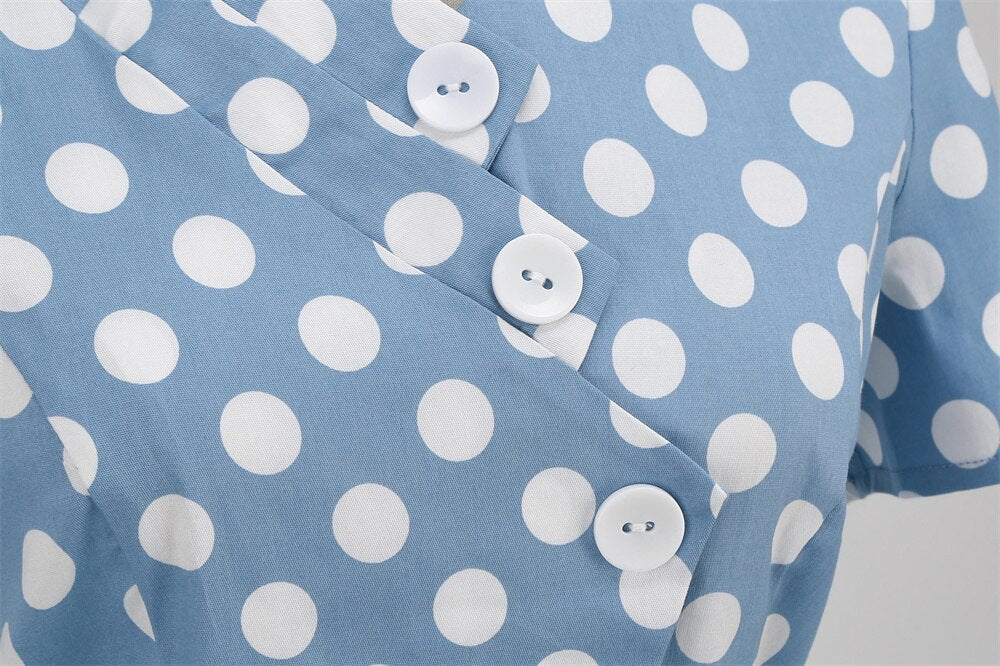 Women Vintage Polka Dots Dress Asymmetrical Rockabilly Cocktail Party 1950s 40s Swing Dress Summer Dress Short Sleeves