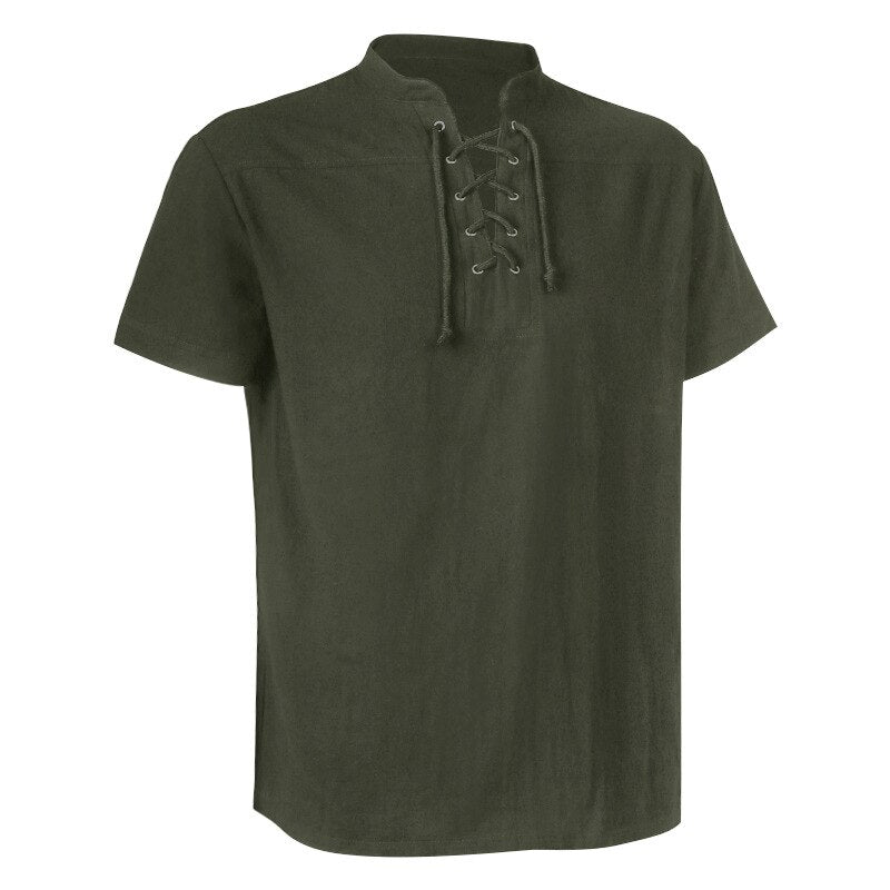 Men's Medieval Renaissance Viking Pirate Costume Long Sleeve Vintage Warrior Shirt  Peasant Lace Up Stand Collar Retro T-Shirt